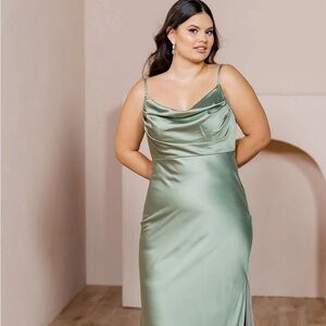 Revelry Sky Satin Bridesmaid formal Dress in Silver Sage